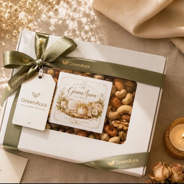 GreenAura dry fruit box with olive ribbon and a tag