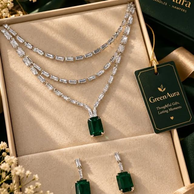 Layered necklace with emerald drop in a GreenAura box