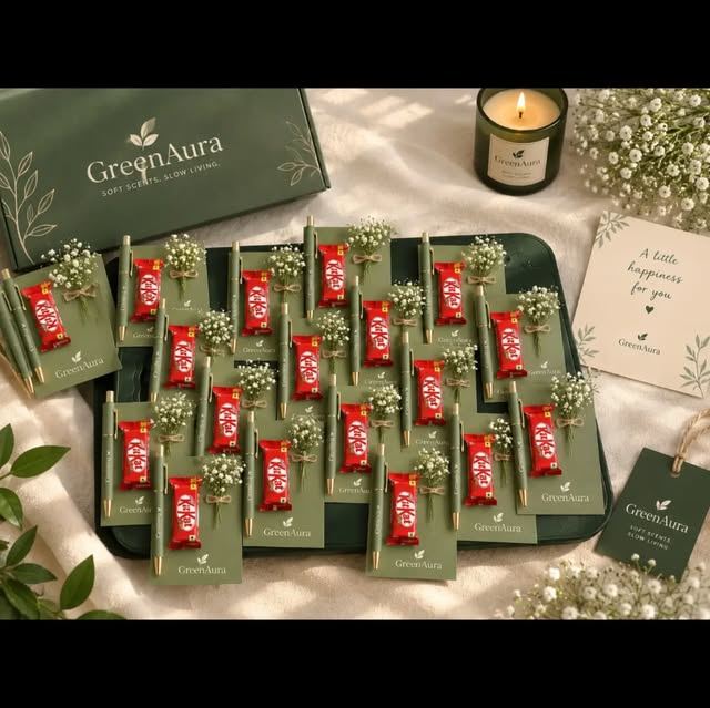 Rows of sage GreenAura favour cards with mini chocolates
